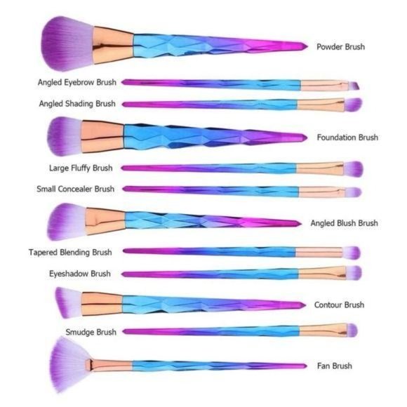 12 pc Rainbow Mermaid Diamond Point Make Up Brush Set - Picture 2 of 10